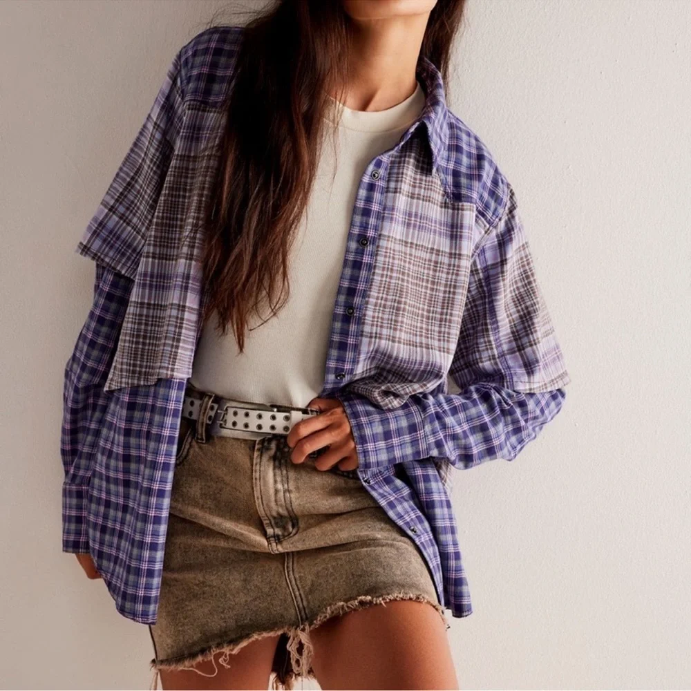 Free People We the Free Layer it Up Plaid Flannel Snap Down Top in Blue Combo